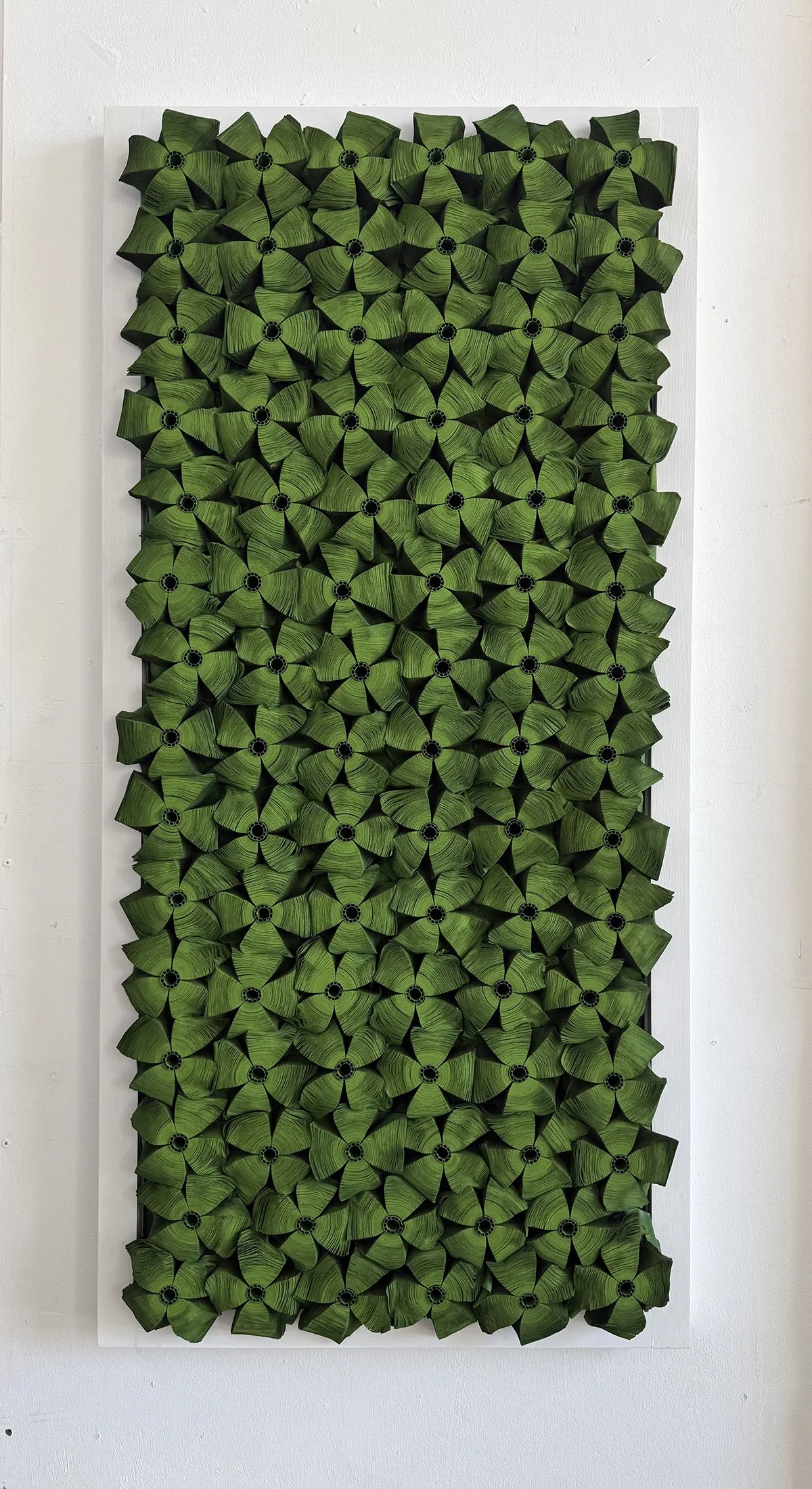 Green, Rolled Paper, Pigmented Ink and Glue in Wood Frame,  48" x 23" x 3.5"