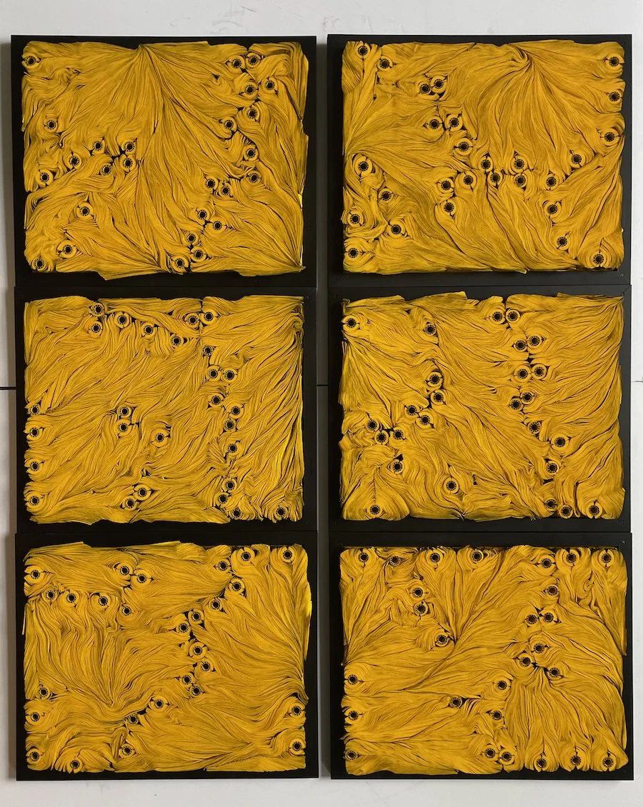 Yellow on Black, 45”x90”x3”, Rolled paper, Pigmented Ink and Glue in Steel Frame