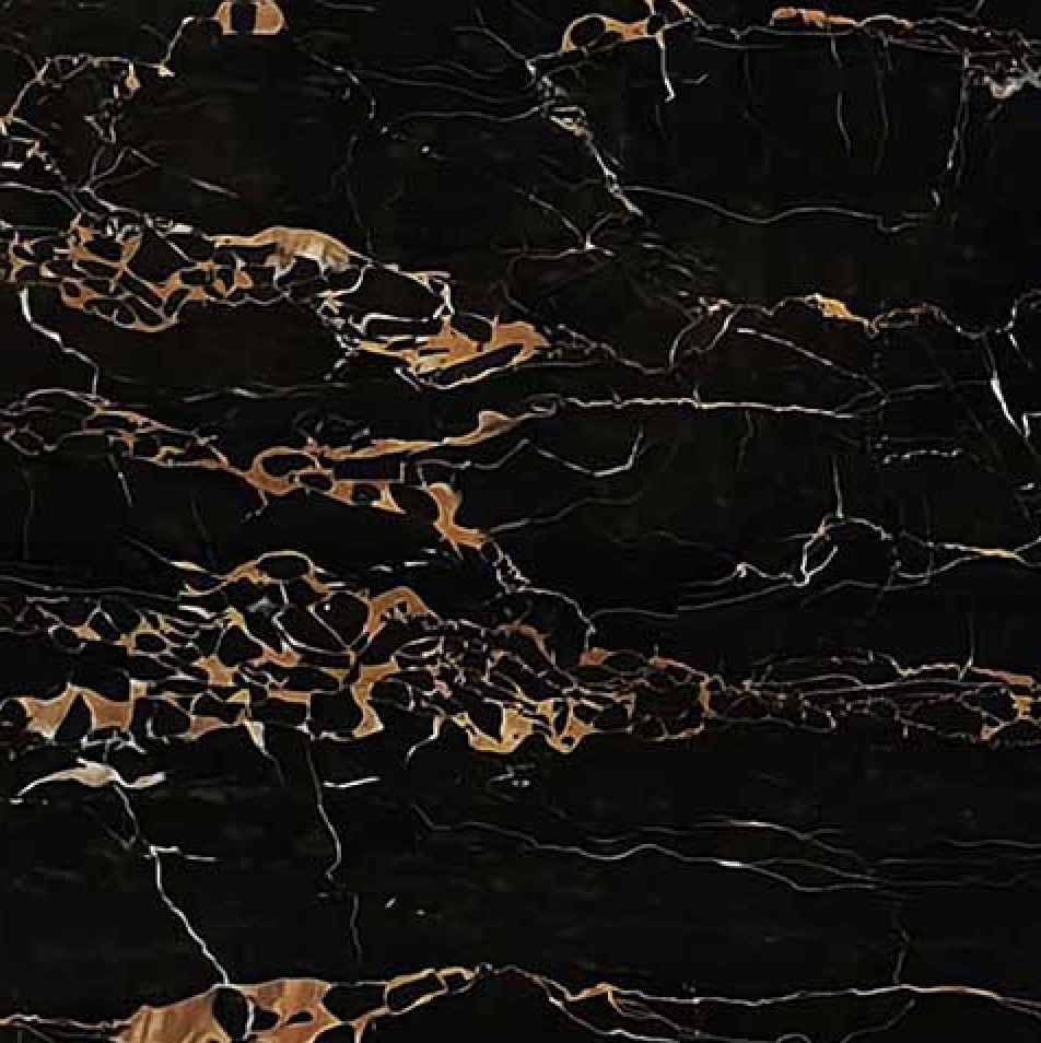 Close-up image of black marble with gold and white veins running through it.
