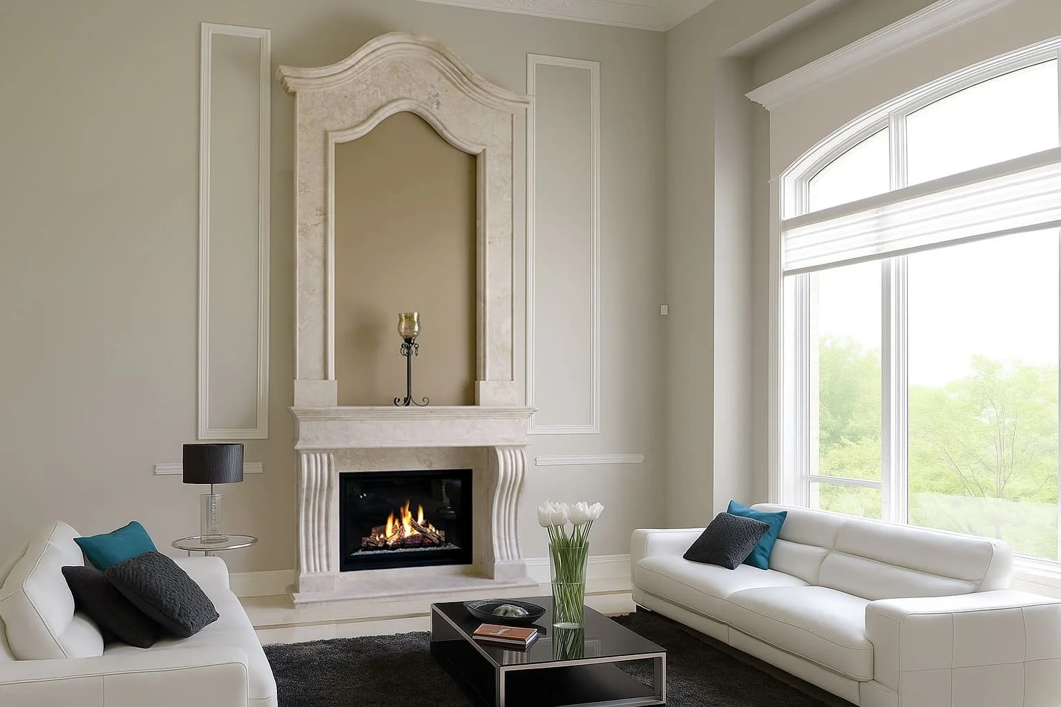 Modern living room with white sofas, a fireplace with a beige marble mantel, a glass-top coffee table with a vase of white tulips, large window with greenery outside, a black table lamp, and decorative wall paneling.