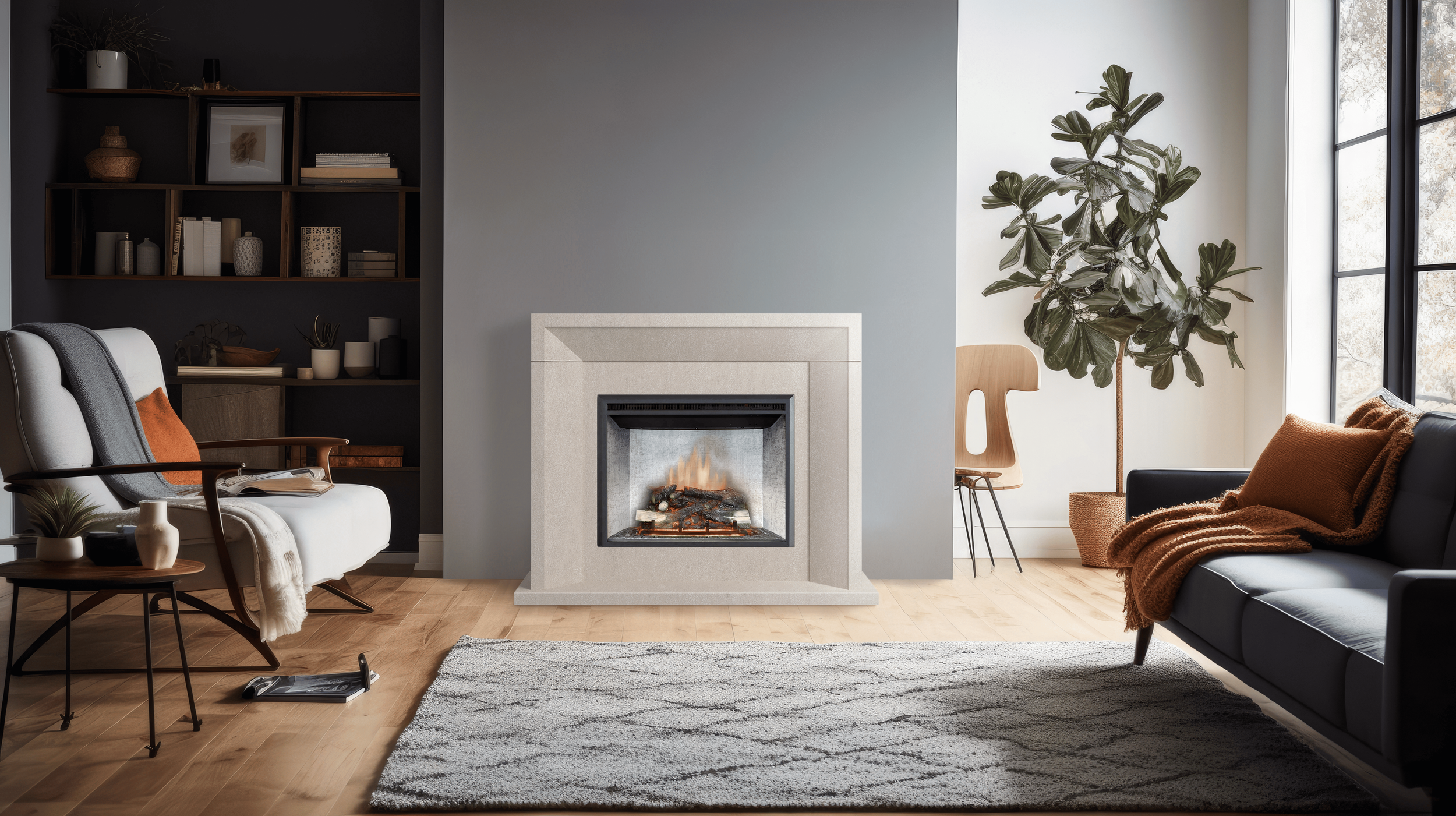 Living room with a white fireplace, gray wall, black and gray furniture, a large plant near window, wooden chair, decorative items on shelves, and a cozy rug.