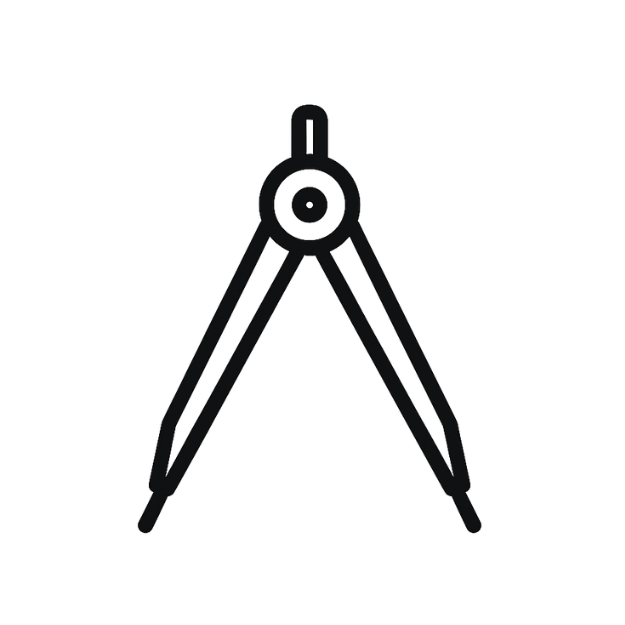 Simple black line drawing of a geometric compass, a tool used for drawing circles and measuring distances on maps.