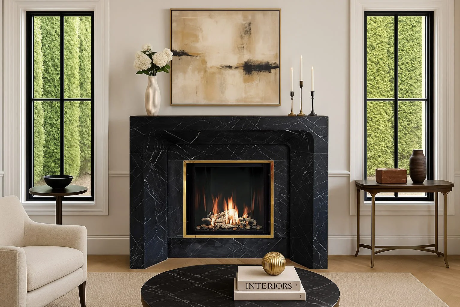 Living room with black marble fireplace, abstract artwork, white vase with flowers, candle holders, side tables with vases, and a beige armchair.