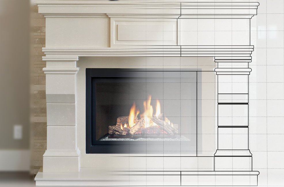 A fireplace with a fire burning inside, with a partially sketched outline of the fireplace and a visible grid overlay for design planning.