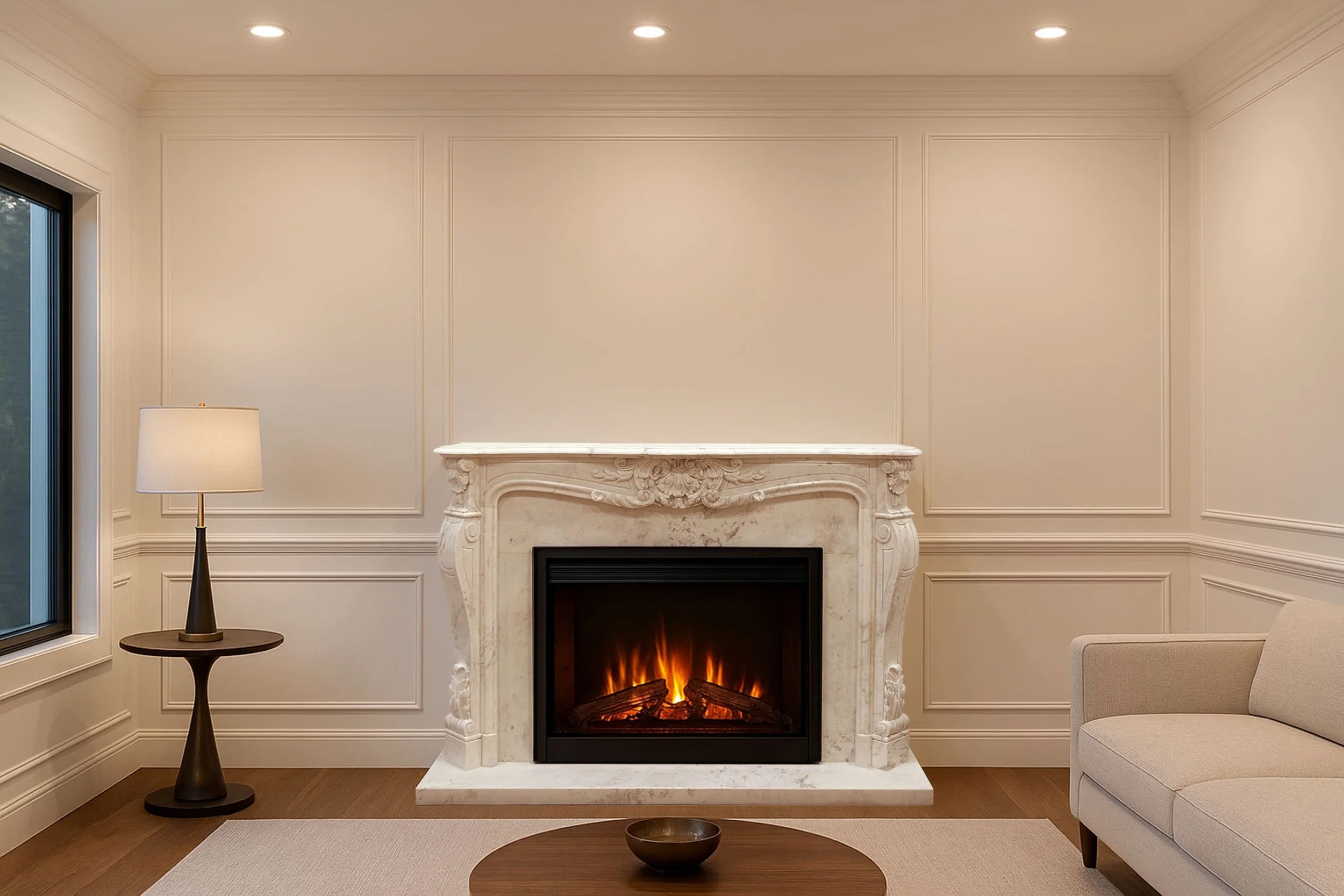 Living room with a fireplace, a side table with a lamp, a beige sofa, a round wooden coffee table with a small bowl, and a window on the left.