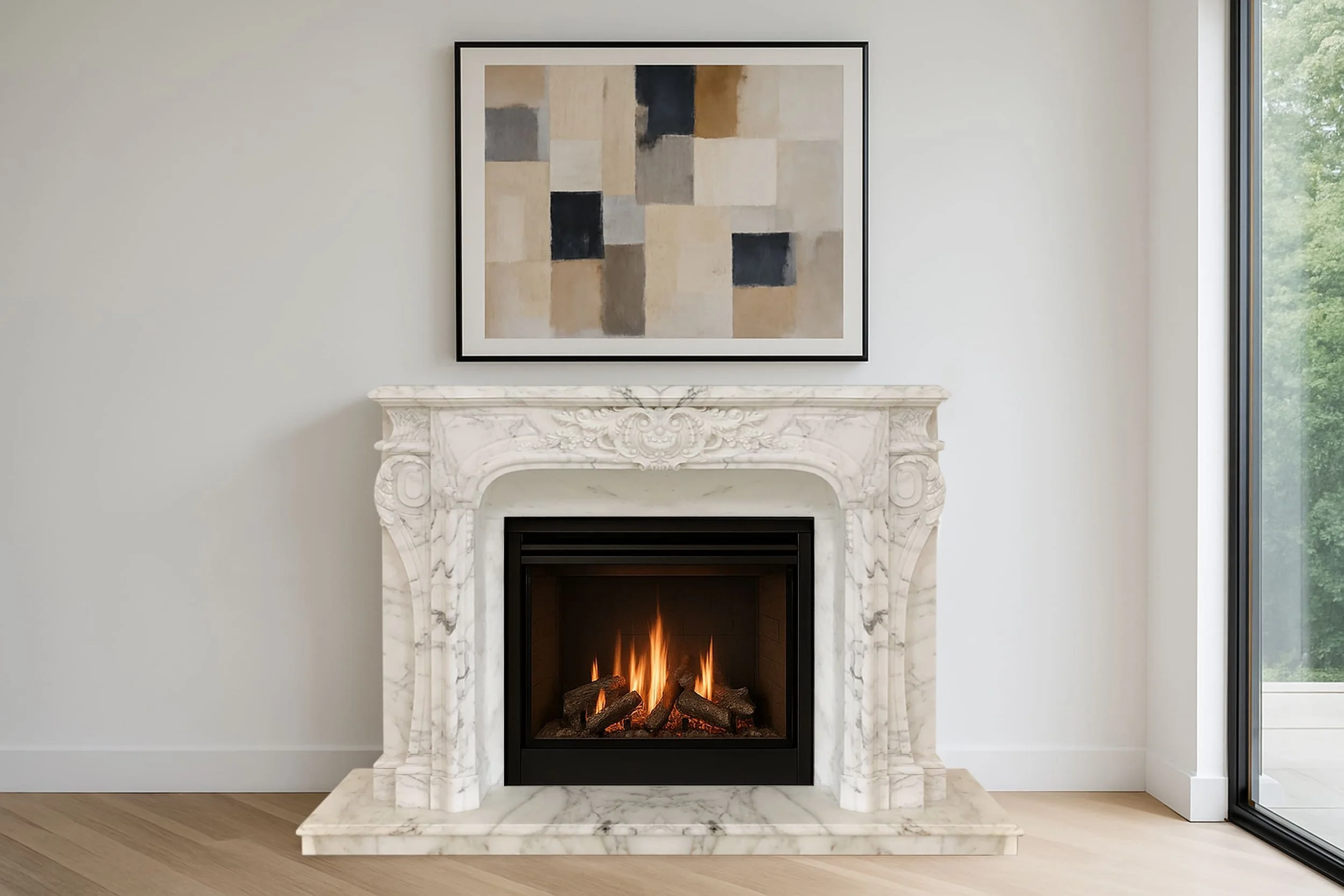 Living room fireplace with ornate white marble mantel and a fire burning inside, abstract painting hung above, large window to the right showing trees outside.