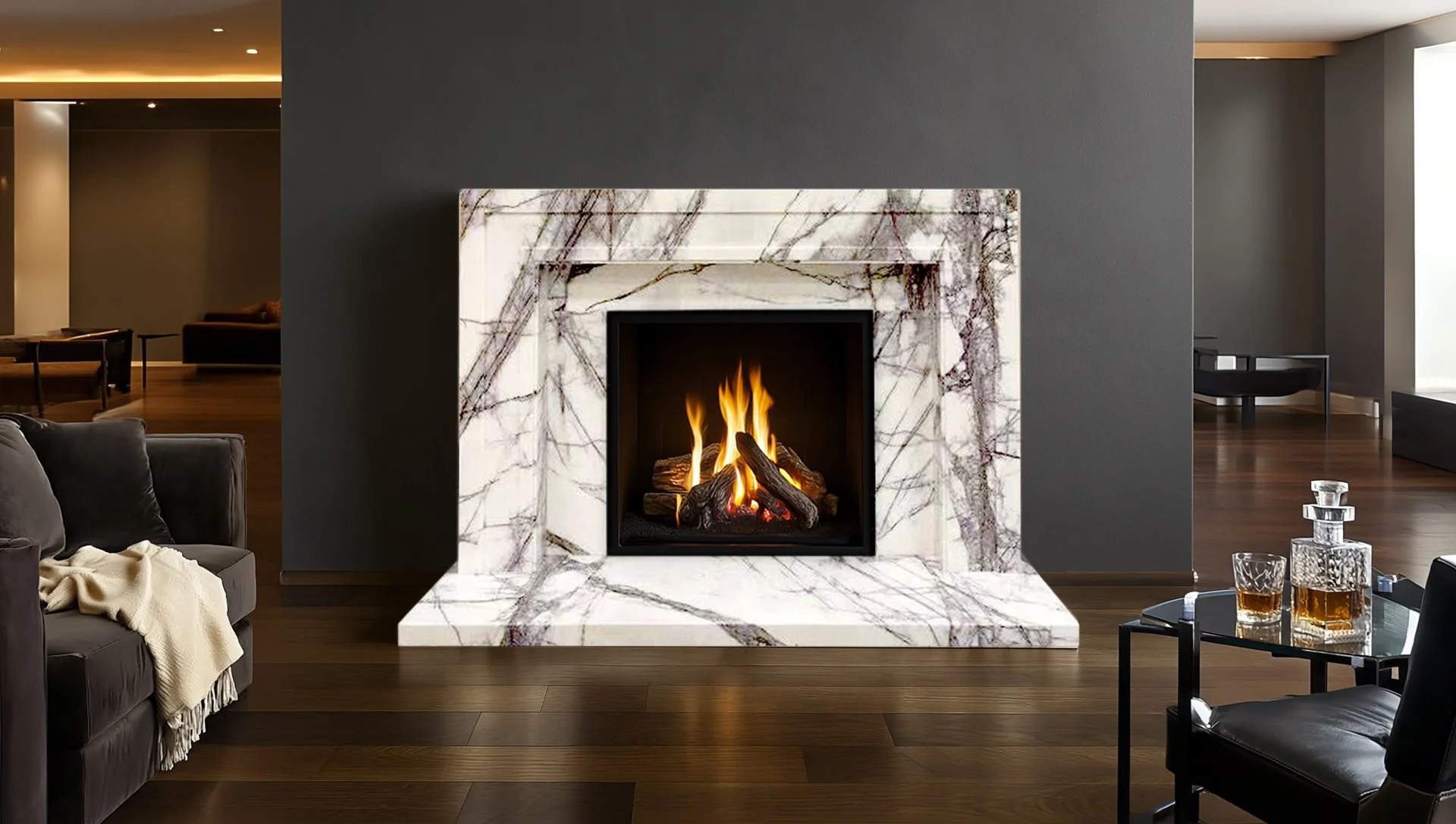 Modern living room with a marble fireplace, leather sofa with a beige throw, glass decanter with drinks on a black table, and dark hardwood floors.