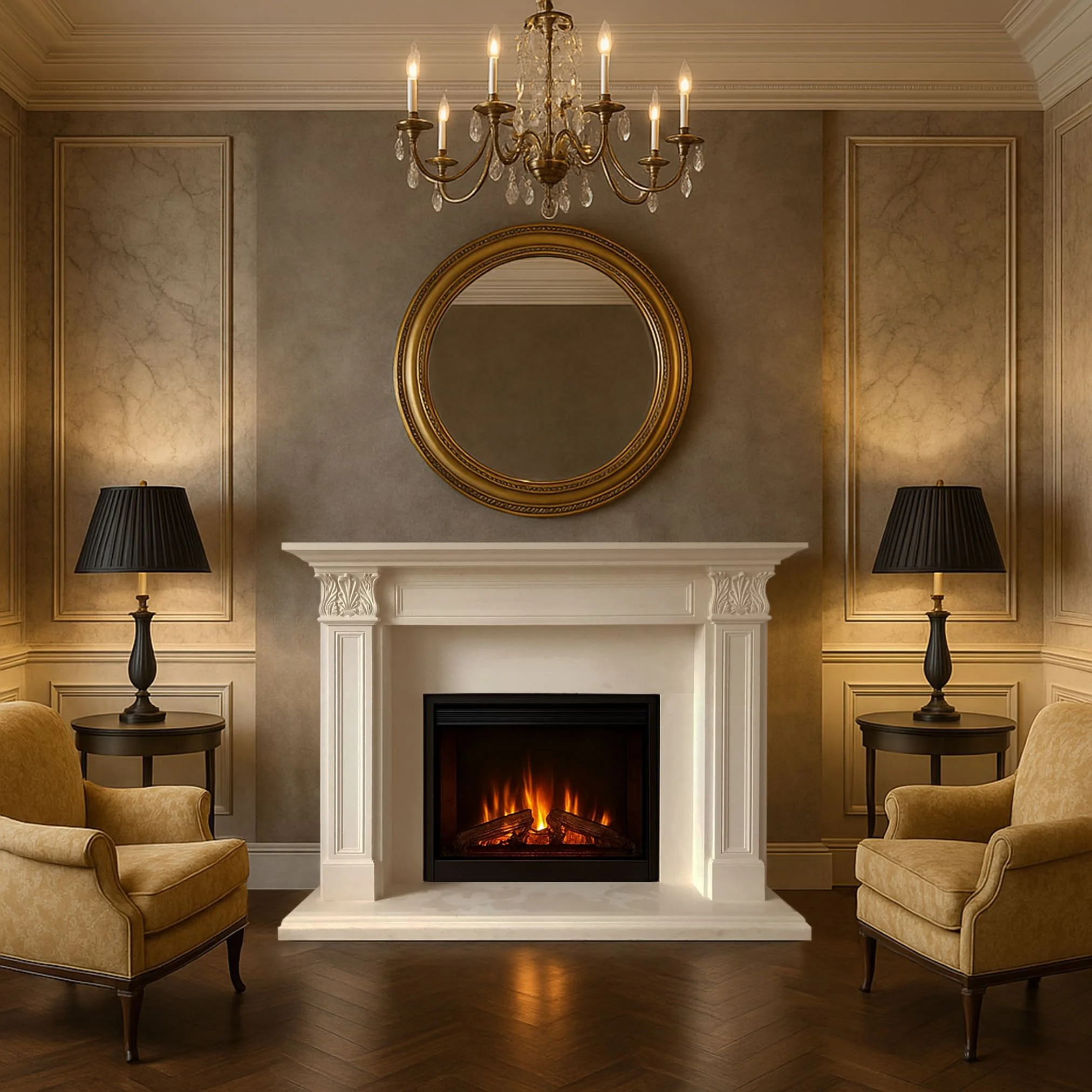 Living room corner with a white fireplace, a round gold mirror, two black table lamps, beige armchairs, and a chandelier.