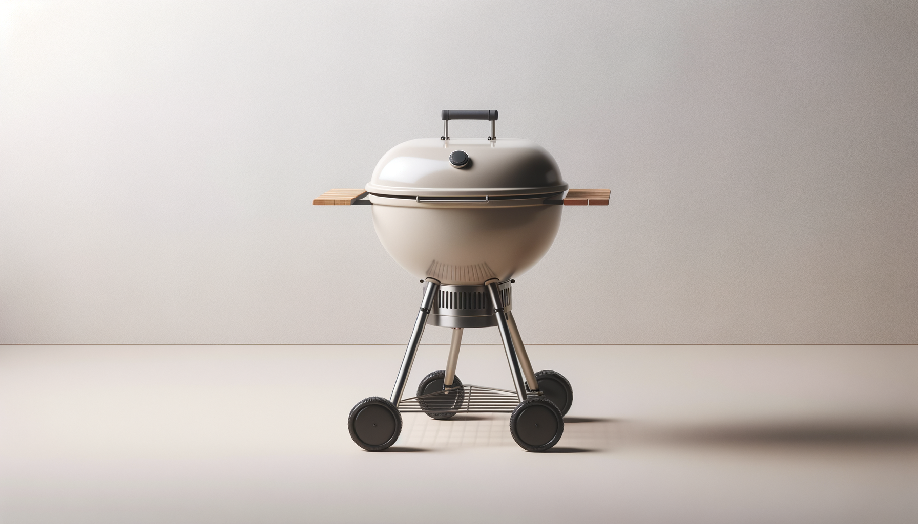 Modern white kettle-style charcoal grill with a lid, side shelves, and four wheels, positioned against a plain background.