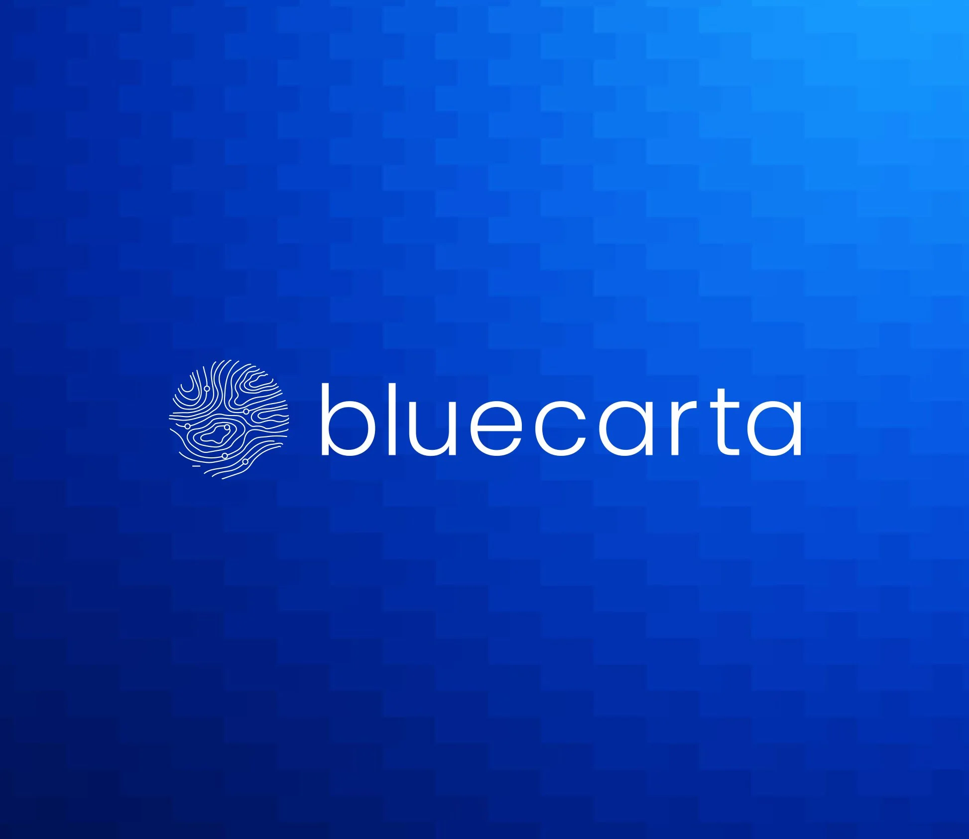 Blue background with a logo consisting of white lines forming a spherical shape and the word 'bluecarta' in lowercase white letters.