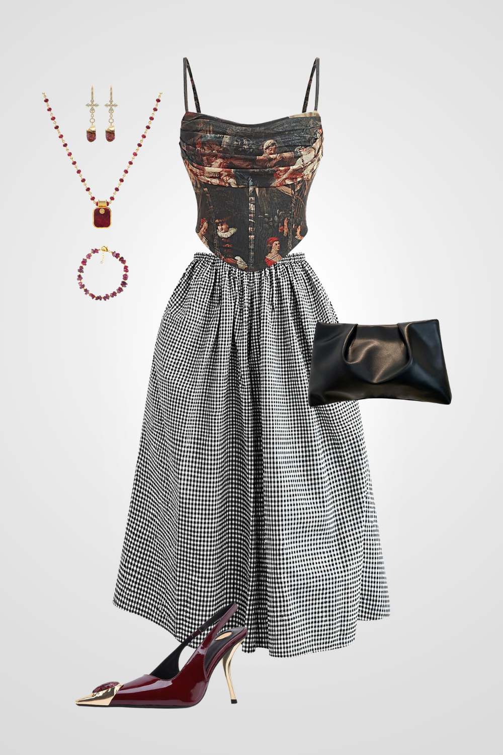 A fashion outfit including a vintage floral corset top, black and white gingham skirt, red high heels with gold accents, a black clutch, and matching red jewelry with earrings, necklace, and bracelet.