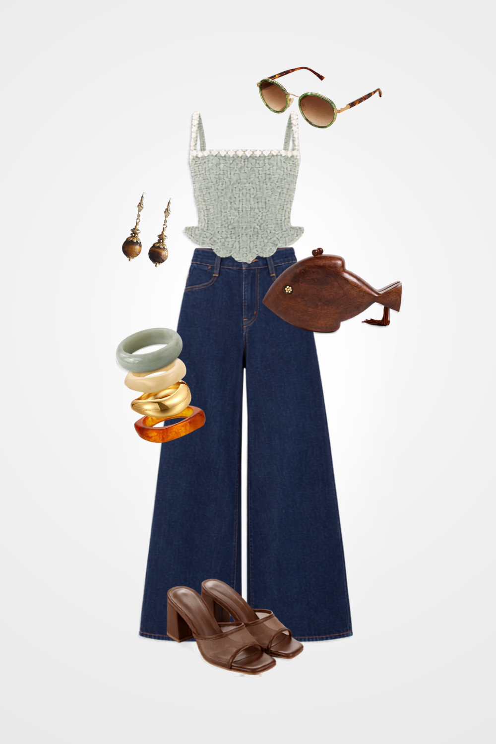 Fashion collage with sunglasses, earrings, bracelets, a fish-shaped purse, a crop top, wide-leg jeans, and brown heeled sandals.