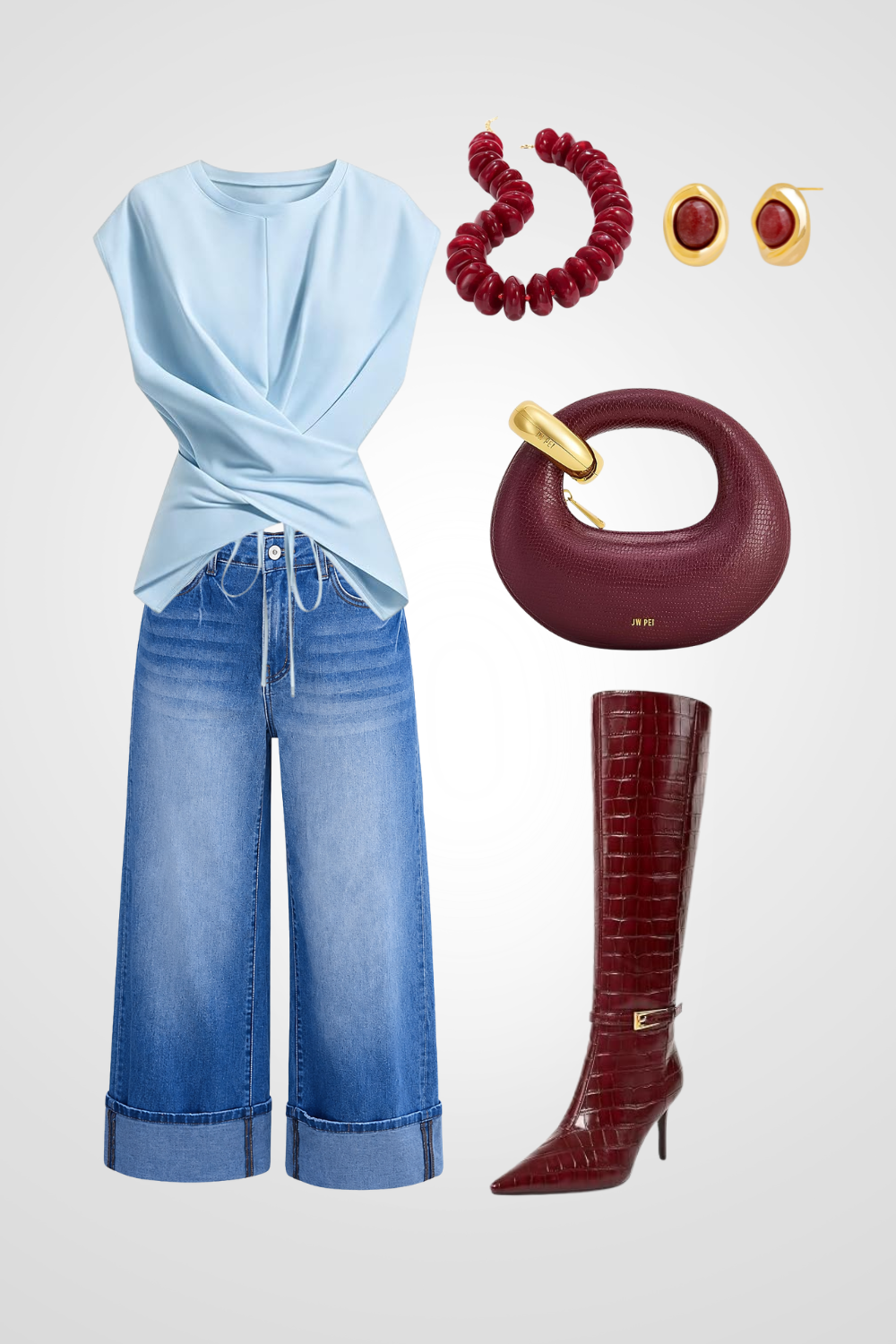 A fashion outfit including a light blue sleeveless top, wide-leg jeans, a red textured knee-high boot, gold jewelry, a red beaded necklace, red earrings, and a maroon leather handbag.