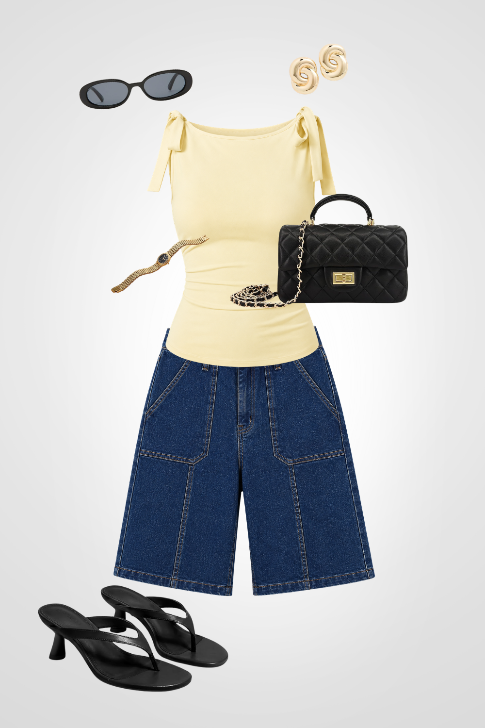 Summer outfit with black sandals, wide-leg jeans, yellow top with tied shoulder straps, black quilted handbag with chain strap, gold and black watch, gold earrings, and black sunglasses.