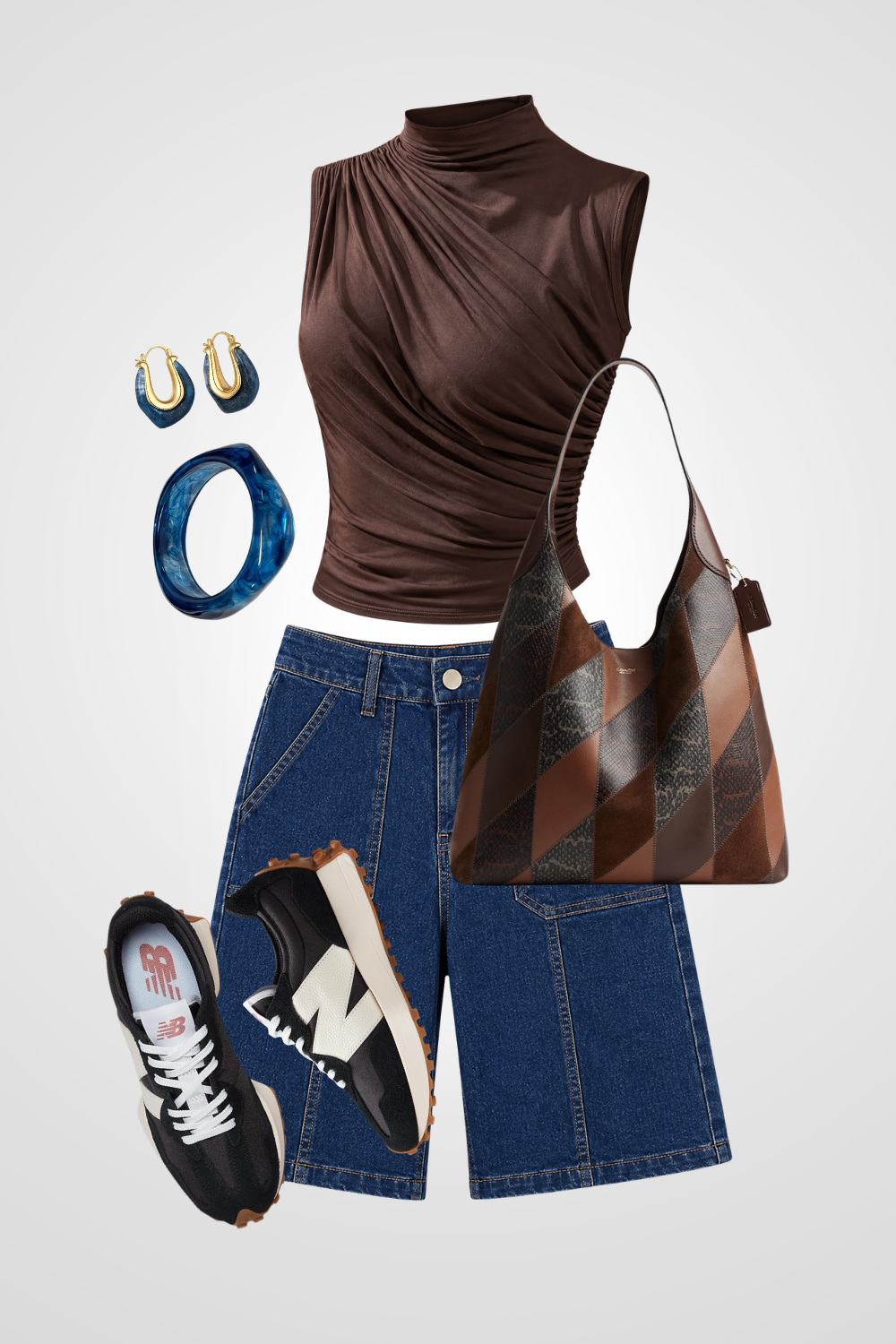 Casual outfit ensemble with a brown sleeveless satin top, denim shorts, black and white athletic sneakers, blue jewelry including earrings, a bangle, and a handbag with a brown and black diamond pattern.