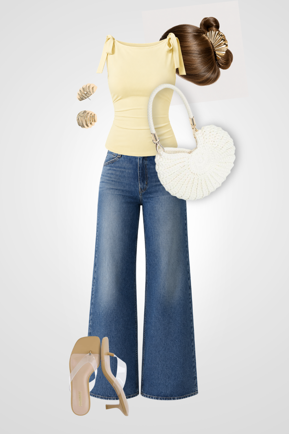 Fashion ensemble featuring a yellow top with tied shoulder straps, wide-leg jeans, beige high heels, a white woven handbag, a brown hair bun with a gold hair accessory, and gold bracelets.