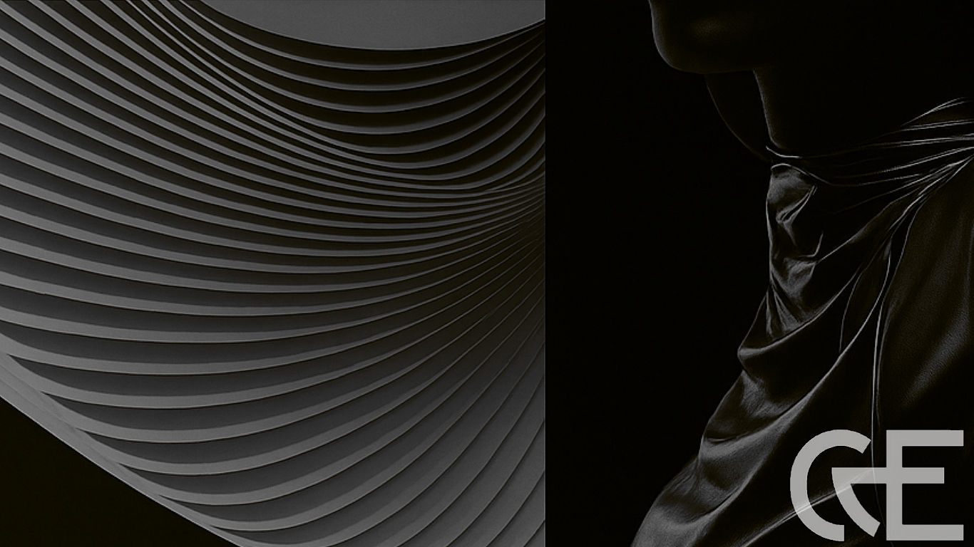 A person wearing a shiny, black, silky garment with a high collar looking toward abstract curved, layered, metallic structures on the left side of the image.