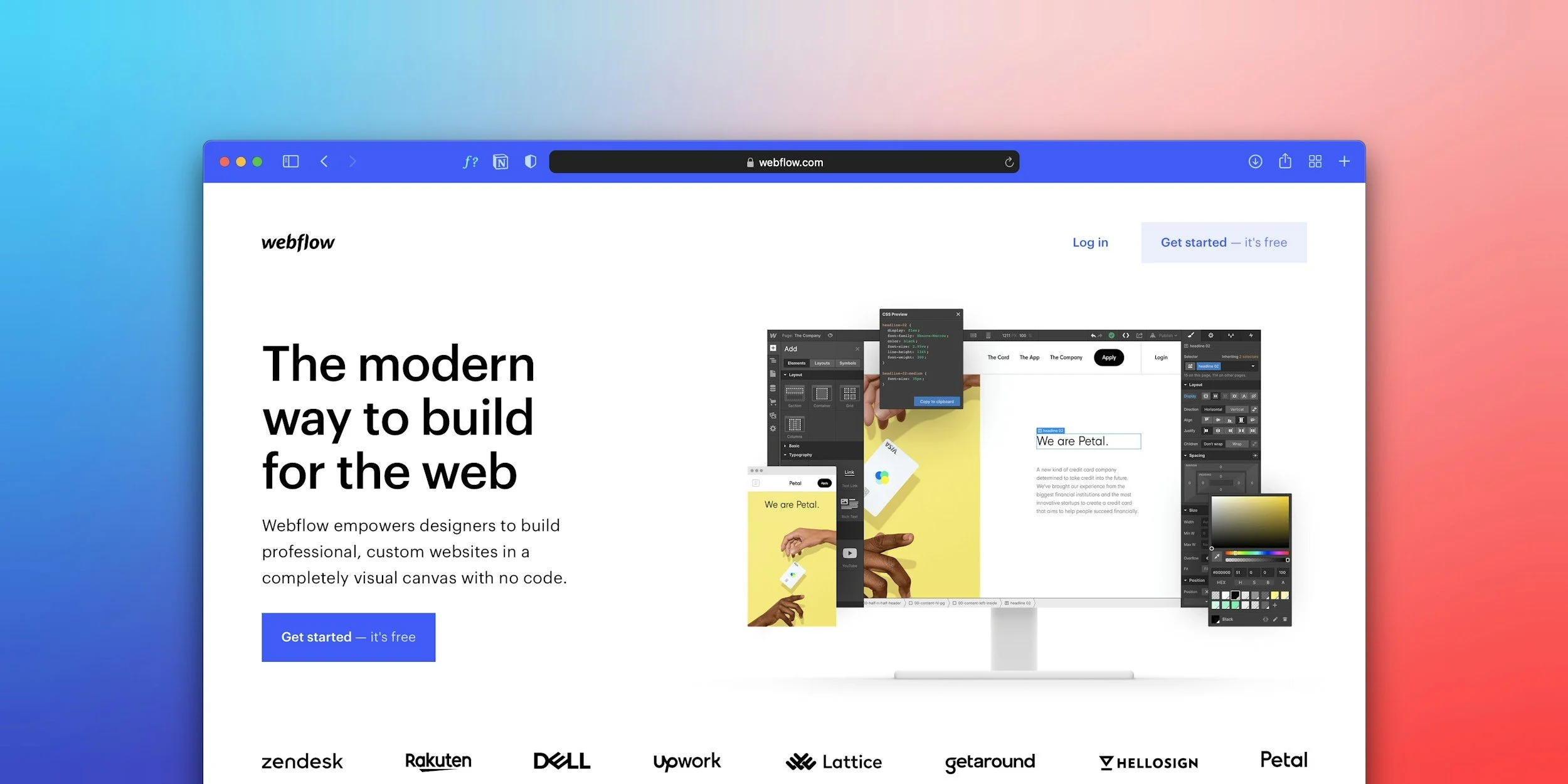 A computer screen displaying the homepage of Webflow, a web design platform, with the headline "The modern way to build for the web" and a "Get started" button. The screen shows various design tools and a partially visible website being built.