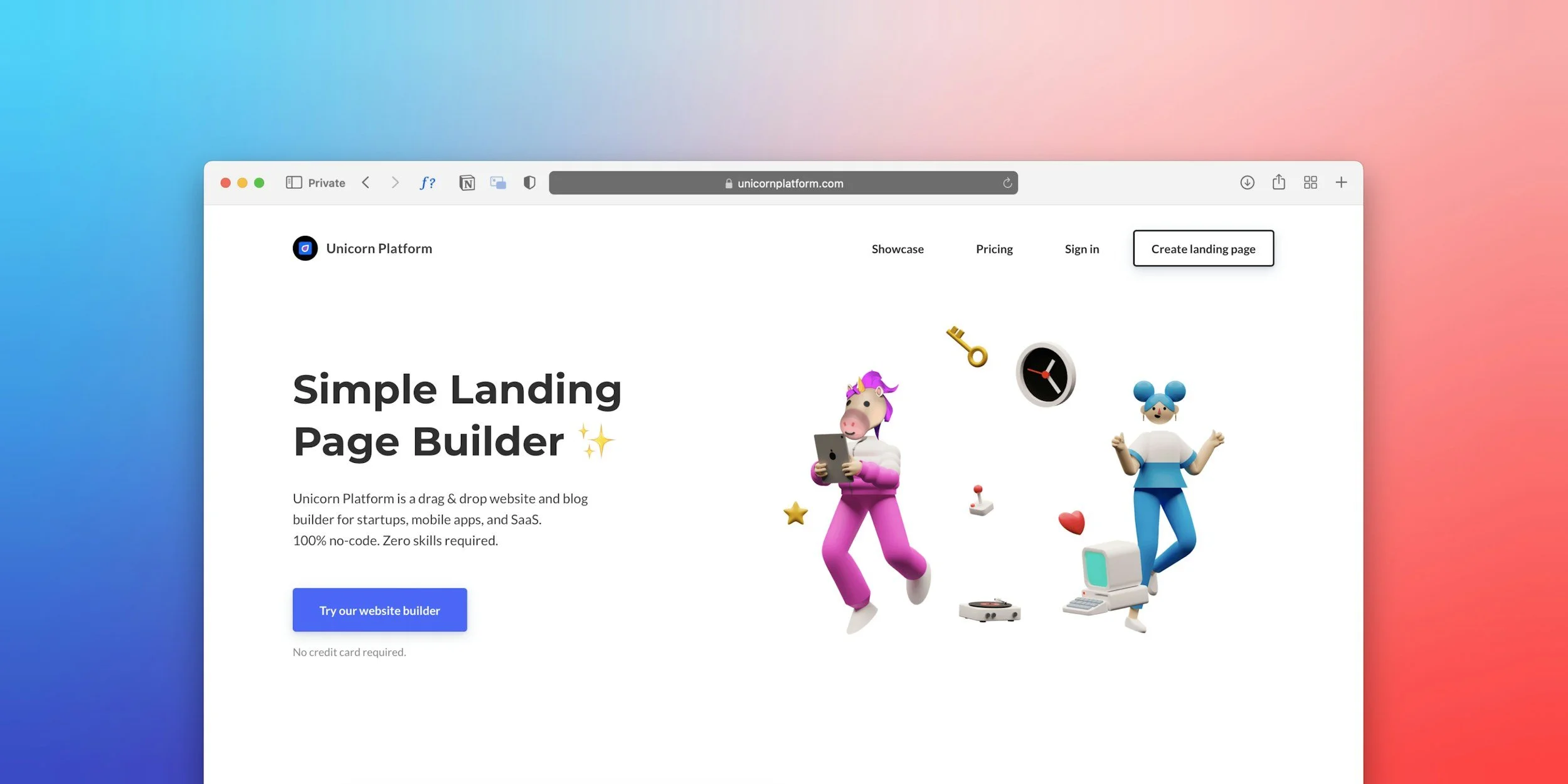 Screenshot of Unicorn Platform's website homepage featuring a drag and drop website builder for startups, mobile apps, and SaaS. The webpage has a playful design with 3D animated characters and icons.