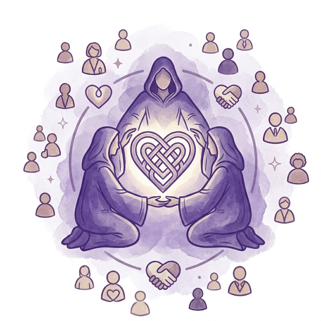 Illustration of three people with hoods around a glowing heart-shaped labyrinth, surrounded by symbols of hearts, flowers, and people, depicting community and love.
