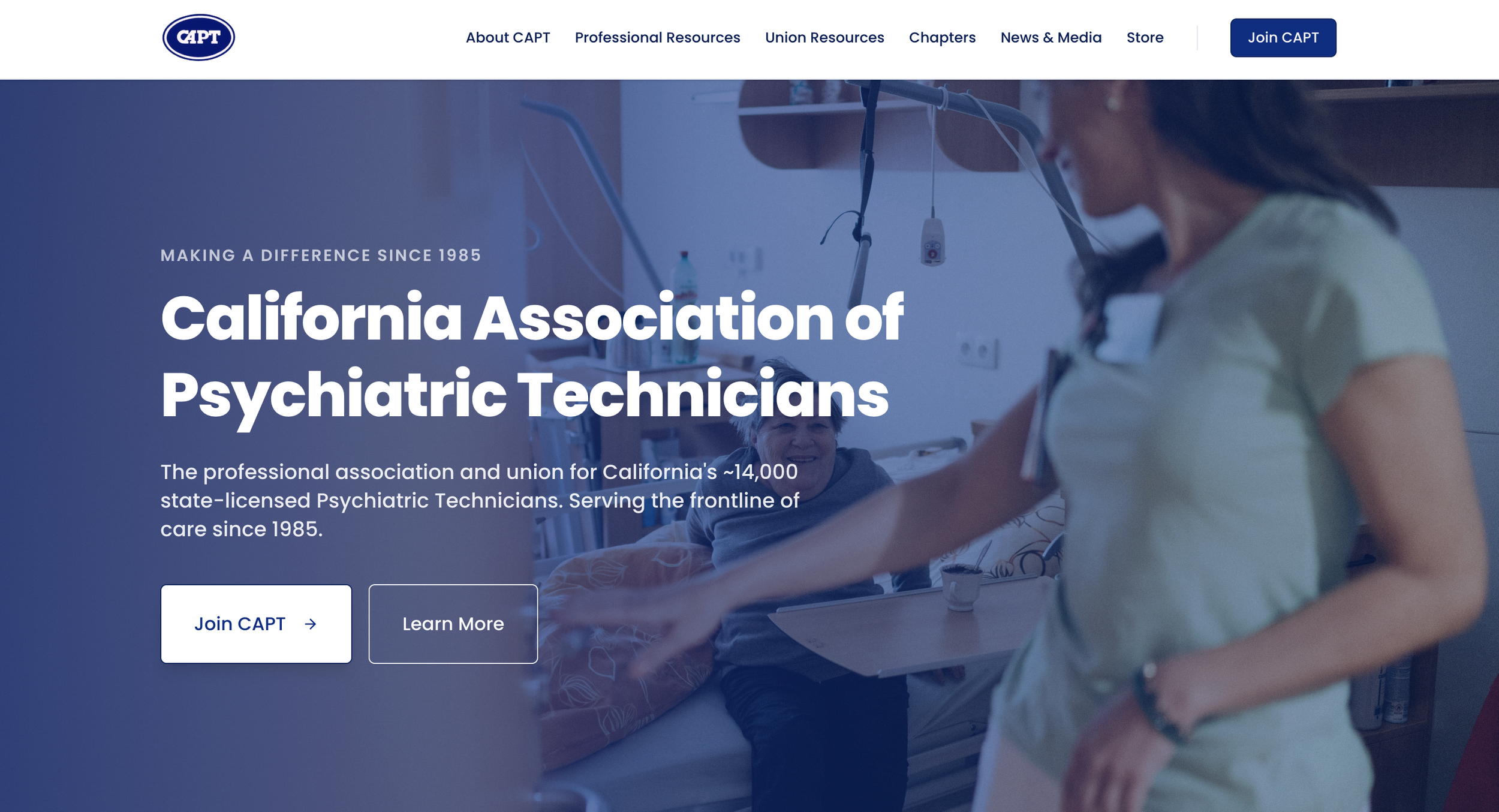 The homepage of the California Association of Psychiatric Technicians website displaying a nurse or caregiver attending to a patient in a hospital room, with navigation menu at the top and call-to-action buttons below.