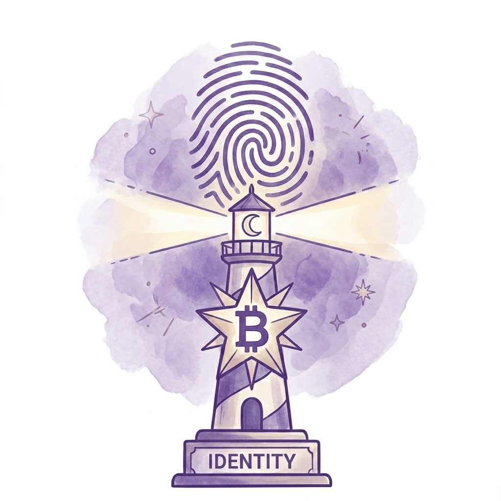 A watercolor illustration of a lighthouse with a Bitcoin symbol on a star at its base, a fingerprint above, and a crescent moon in the lighthouse window, symbolizing digital identity and blockchain technology.