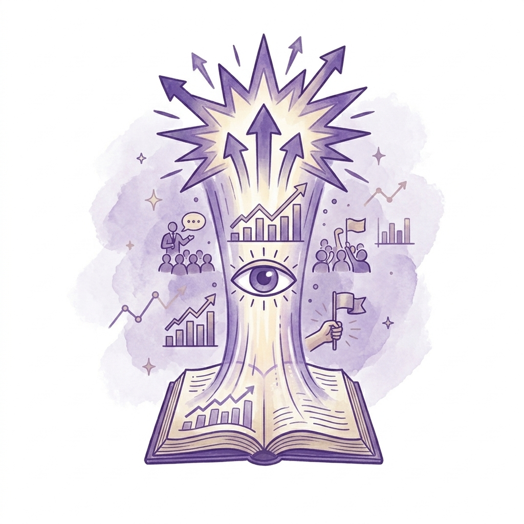 Illustration of an open book with an eye and upward arrows emerging from it, surrounded by graphs, charts, flags, and a person speaking, symbolizing knowledge, growth, and insight.