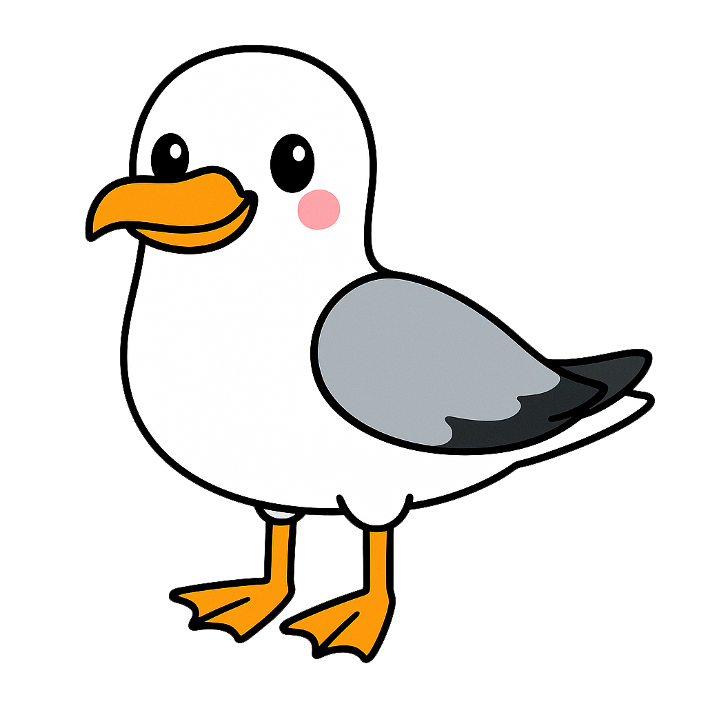 A cartoon seagull with a white body, gray wings, yellow legs, and an orange beak, looking cheerful.