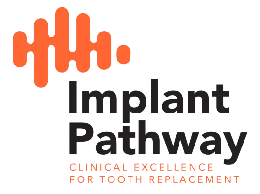 Logo for Implant Pathway with orange sound wave graphic and black text reading 'Implant Pathway' and tagline 'Clinical Excellence for Tooth Replacement'.
