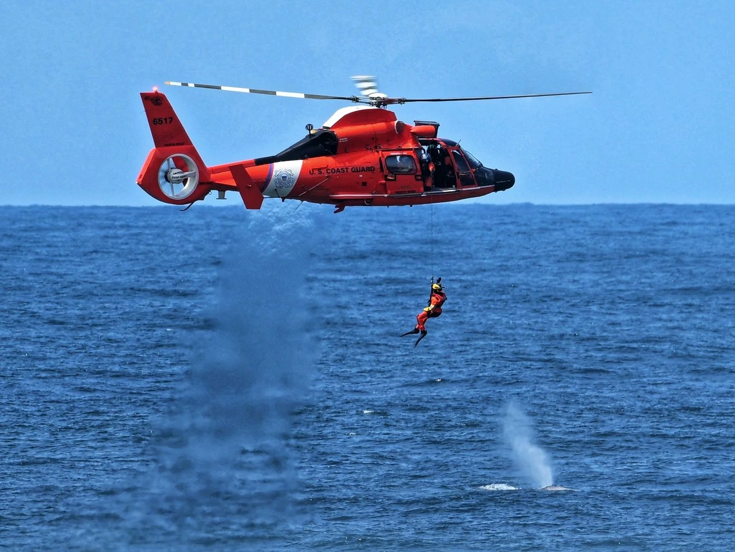 A helicopter and whale spout at Fleet of flowers in Depoe Bay, Oregon