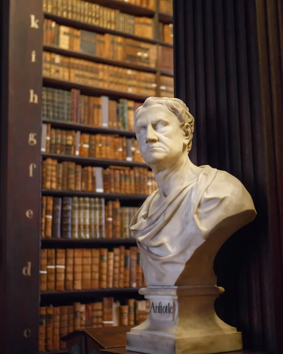 A white marble bust of Aristotle in a library with many antique books, with dark wood panels and a shelving unit in the background.