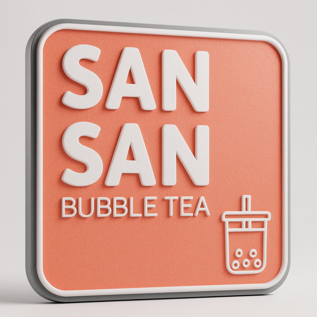 Sign with the words "SAN SAN BUBBLE TEA" and an illustration of a bubble tea drink in a cup with a straw.