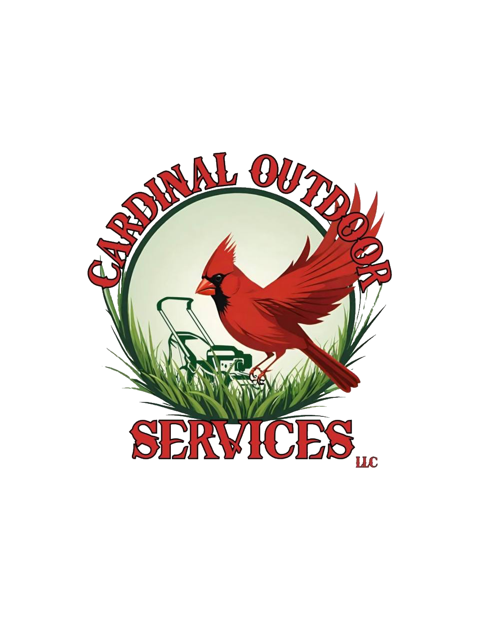 Logo of Cardinal Outdoor Services featuring a cardinal bird, a lawn mower, grass, and the text "Cardinal Outdoor Services".