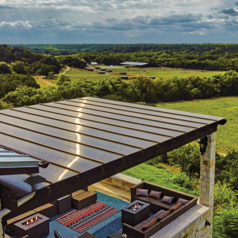 Polycarbonate pergola roof system providing shade and UV protection in backyard space