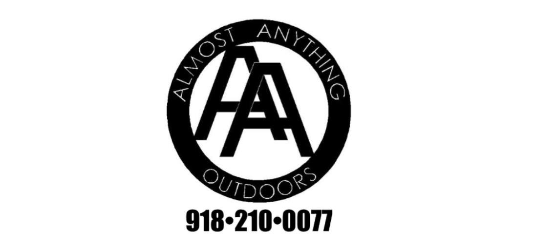 Logo for Almost Anything Outdoors featuring a circular design with the company name around the circle, initials 'AA' in the center, and a phone number 918-210-0077 underneath.