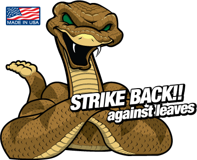 A cartoon snake with an aggressive expression, raising its head and front body, with text saying 'STRIKE BACK!! against leaves' and a 'MADE IN USA' label in the top left corner.