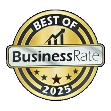 Gold and black circular badge with 'Best of Business Rate 2025' text and an upward trending arrow inside a bar graph.