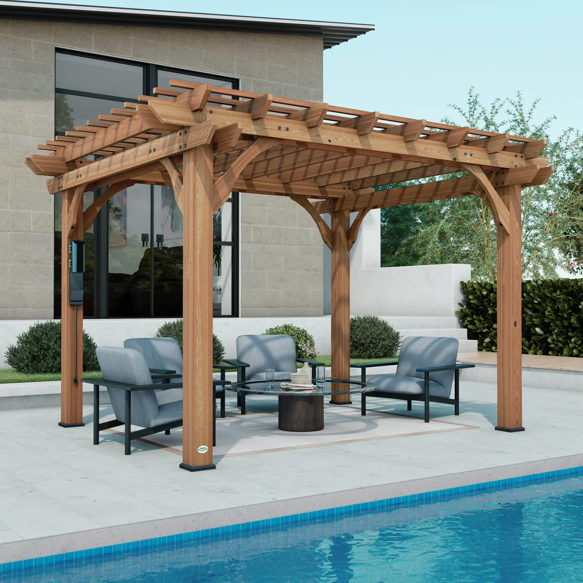 Backyard Discovery Beaumont 12x10 cedar pergola installed over outdoor patio seating area