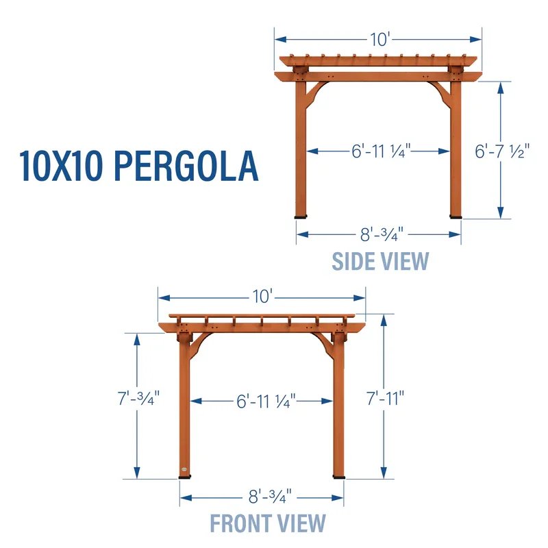 Backyard Discovery 10x10 Beaumont pergola dimensions diagram showing height width and post spacing