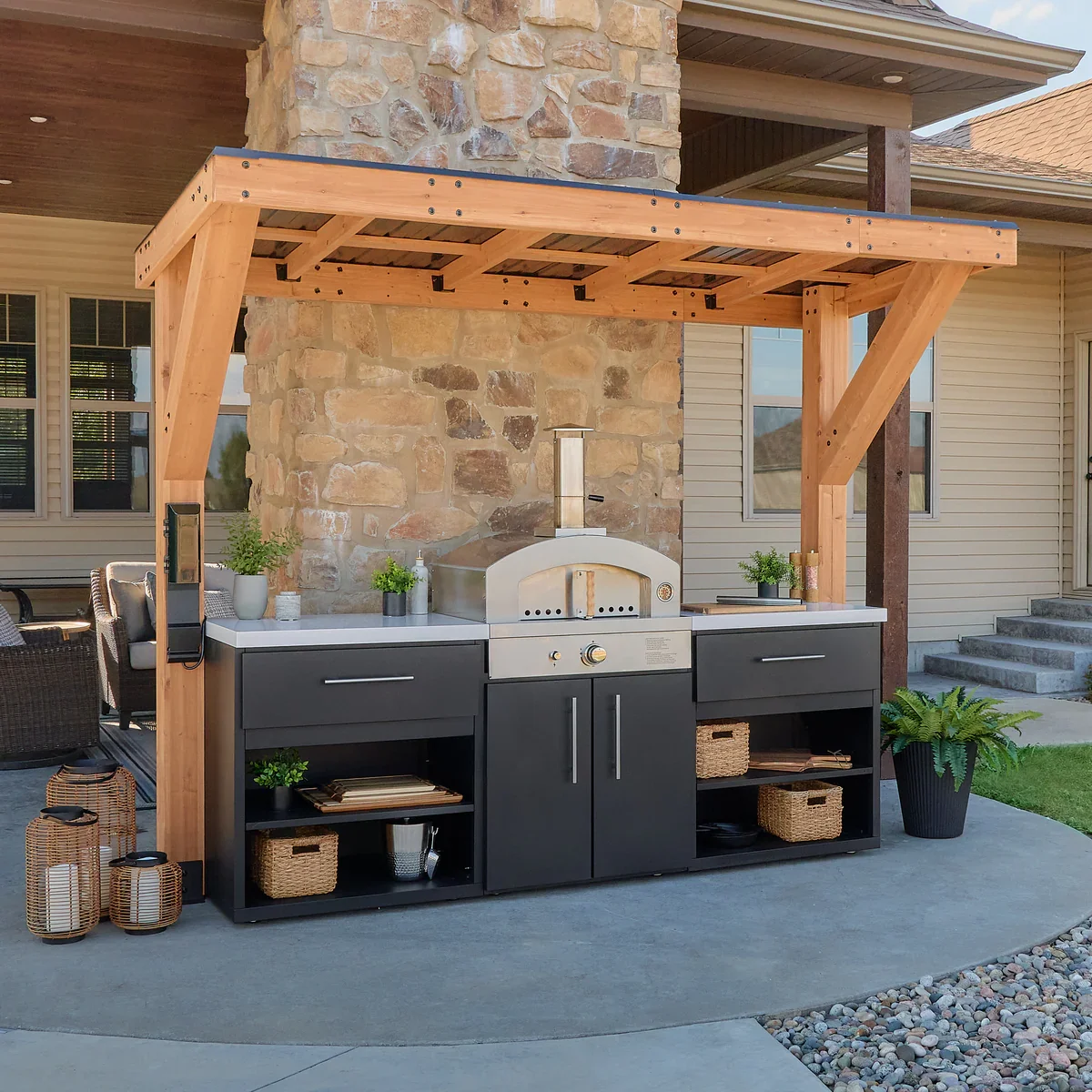 Backyard Discovery outdoor kitchen grill station with cedar pergola structure