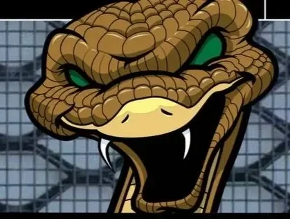 Close-up of a cartoon snake with a wide open mouth, fangs showing, and green eyes, depicted in front of a metallic grid background.