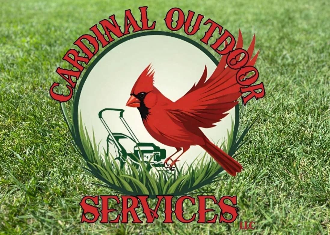 A logo for Cardinal Outdoor Services LLC featuring a cardinal bird holding a lawn mower on grass with the business name in red text.