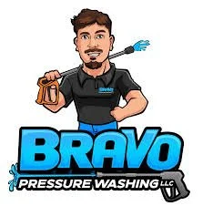 Cartoon of a man holding a pressure washer with the Bravo Pressure Washing LLC logo.