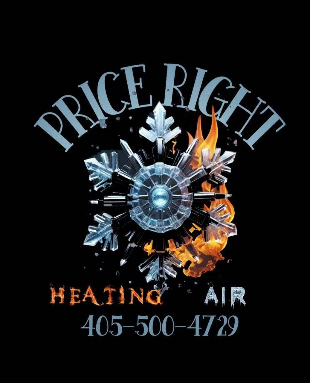 Logo for Price Right Heating Air featuring icy snowflake and flames with contact number 405-500-4729.