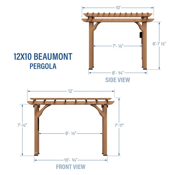 Backyard Discovery Beaumont 12x10 pergola dimensions diagram showing front and side measurements