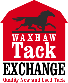 A logo with a red background and a black silhouette of a running horse. The text reads "WAXHAW Tack" with a subtitle "Quality New and Used Tack."