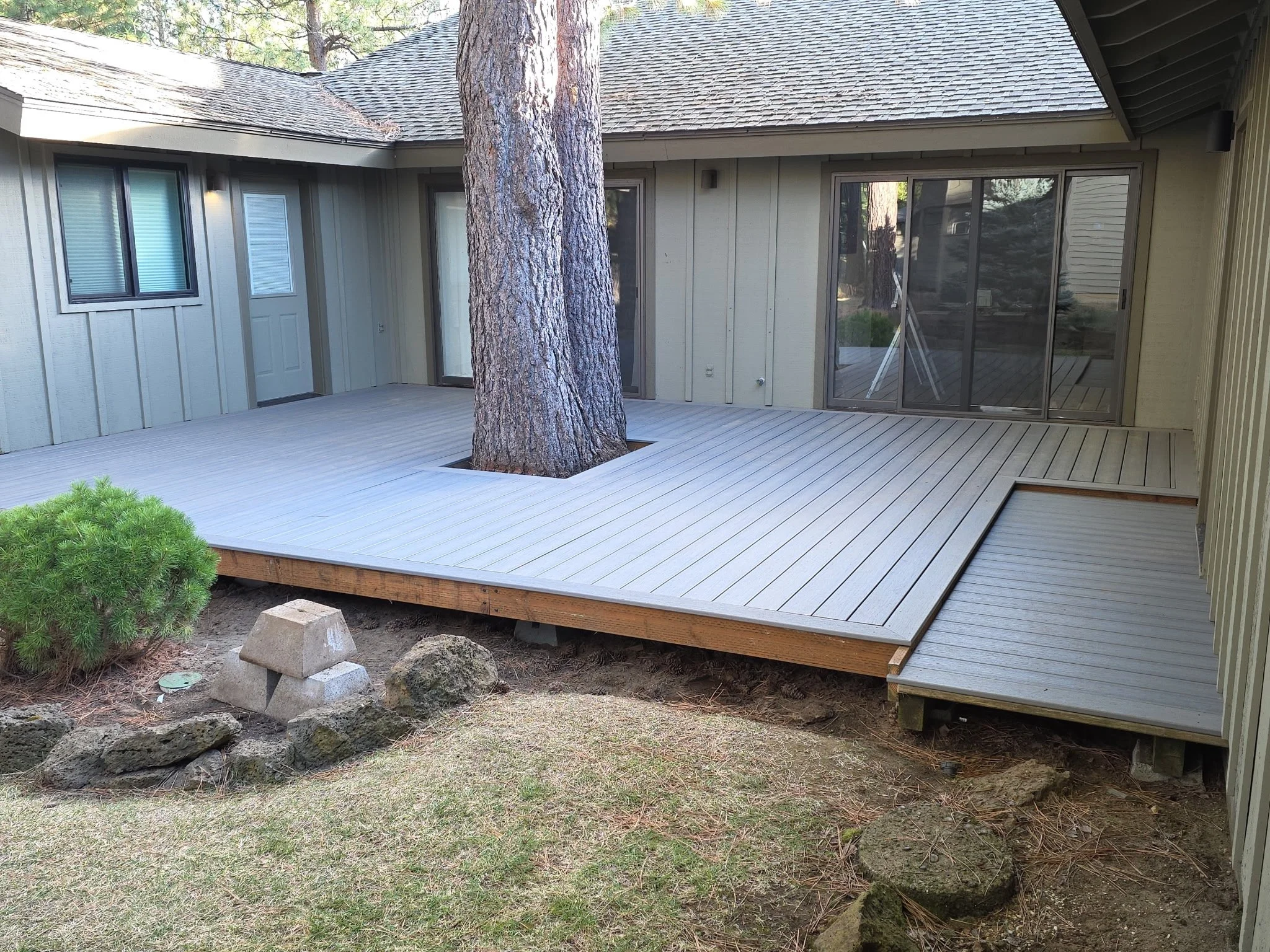 Backyard with wooden deck built around a large tree, yellow house with sliding glass door, small shrubs and rocks in yard.