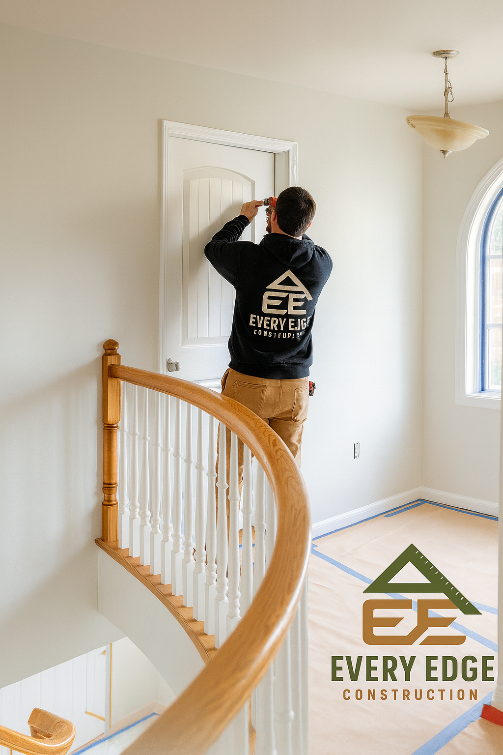 A worker installing or repairing a door in a house, standing on a staircase landing, with blue painter's tape on the floor and window frame, and a logo for Every Edge Construction in the lower right corner.
