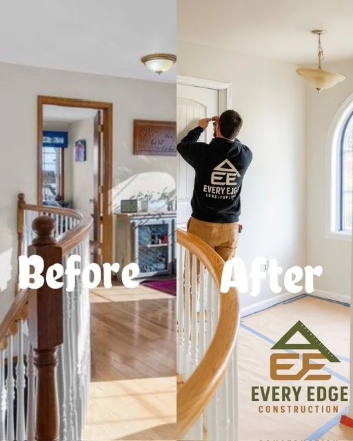Comparison of a home's interior before and after renovation. The left side shows a cluttered entryway with a staircase, a doorway leading to a living room, and a wall with a painted piece of art. The right side shows a cleaner, updated space with painted walls, new window trim, and a person installing a fixture. The image features the logo for Every Edge Construction.