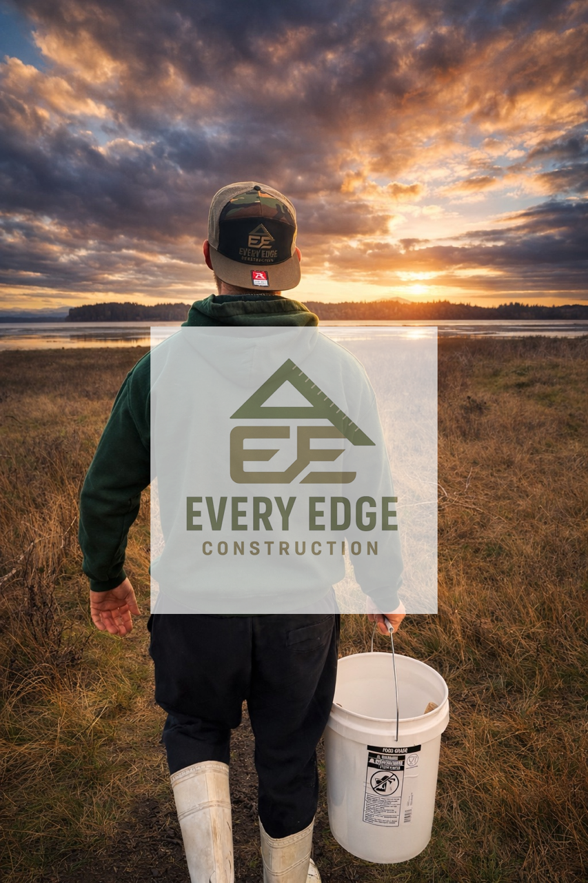 A person wearing a baseball cap, hoodie, and work boots walking through a grassy field at sunset, carrying a white bucket.